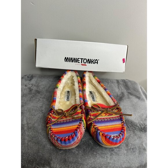 Minnetonka Cally moccasin slipper fresco striped multicolor NIB sz 8M - Picture 1 of 6